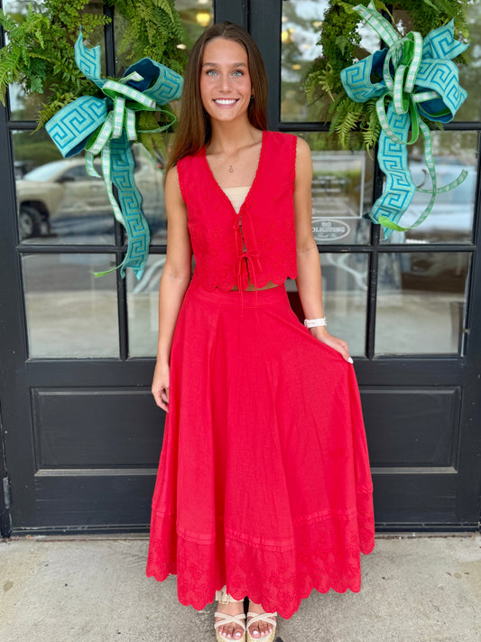 Red Scallop Midi Skirt
