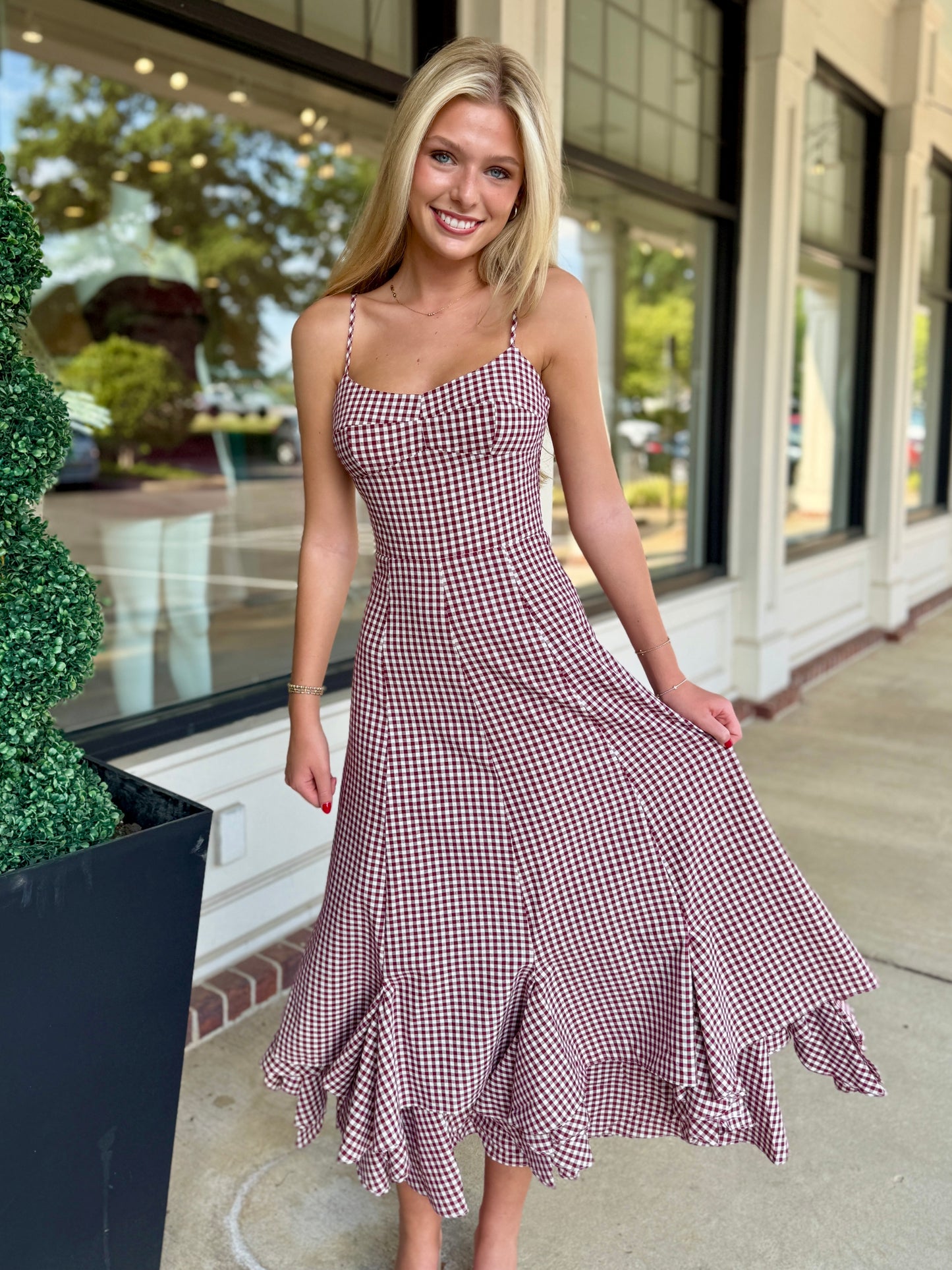 Burgundy Checker Ruffle Maxi