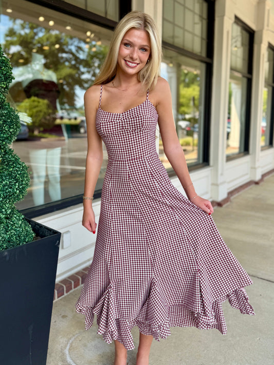 Burgundy Checker Ruffle Maxi