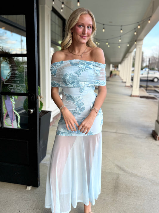 Ice Blue 3d Floral Maxi