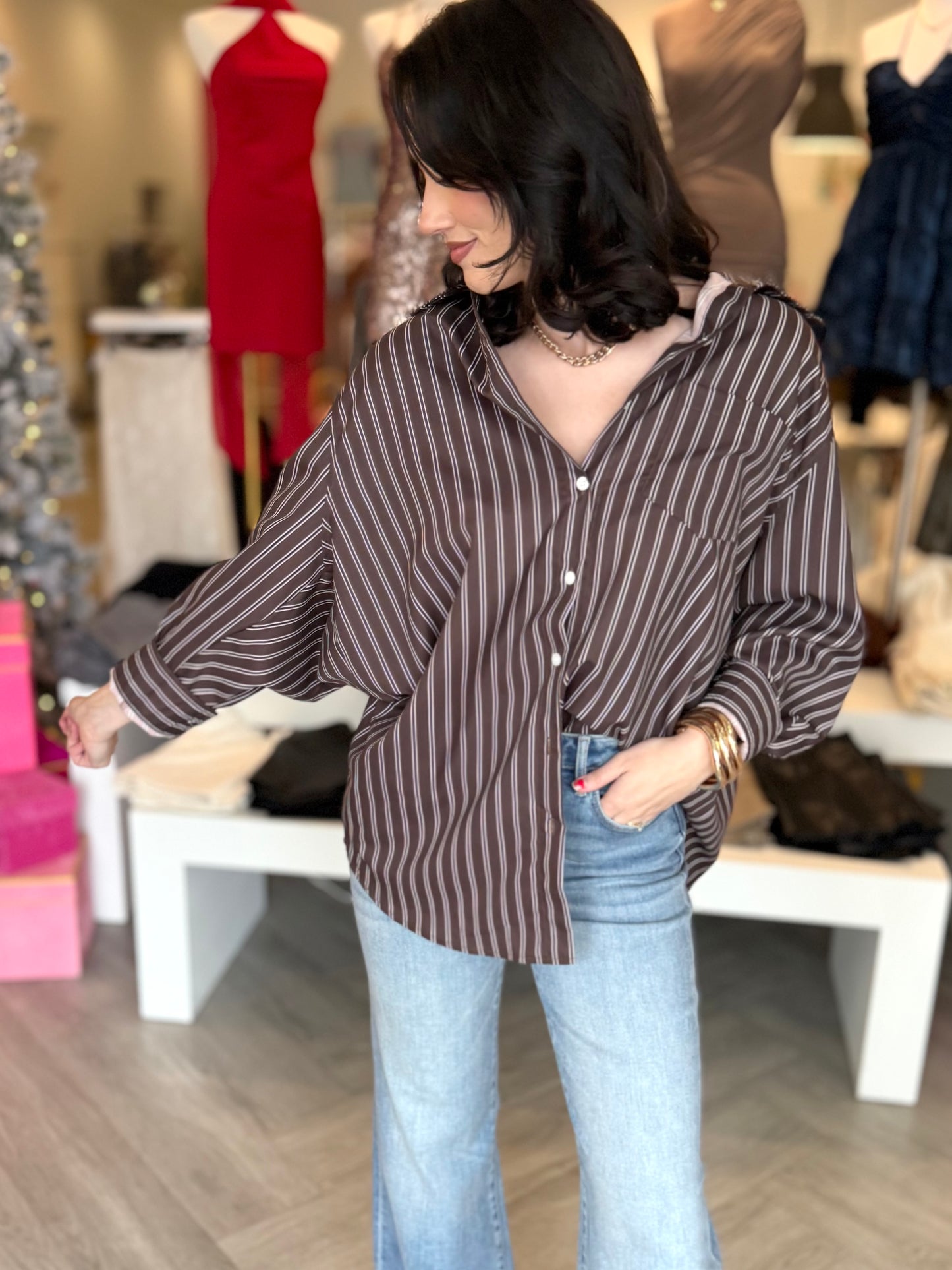 Brown Striped Loose Fit Shirt