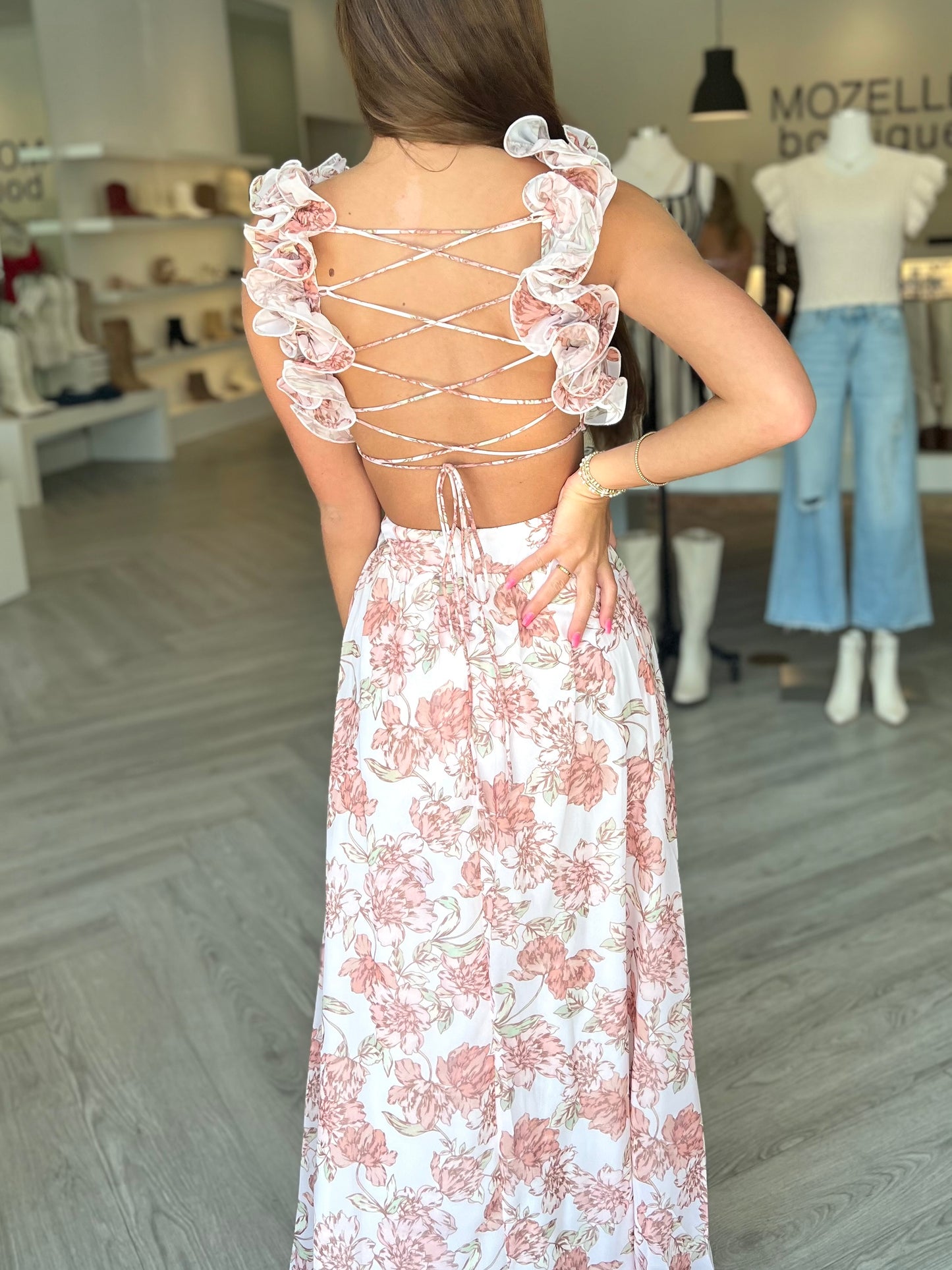 Peach Floral Strapy Back Maxi