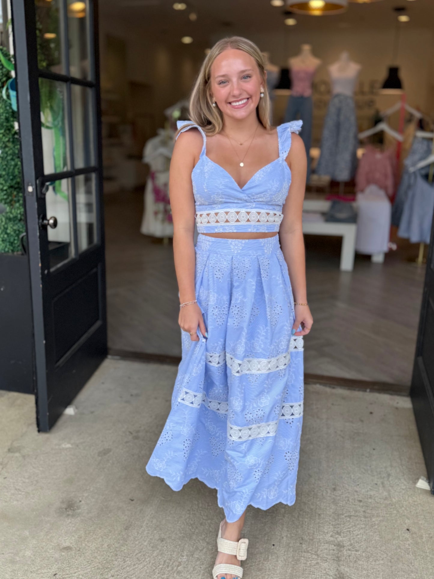 Blue Eyelet Ruffle Crop Top