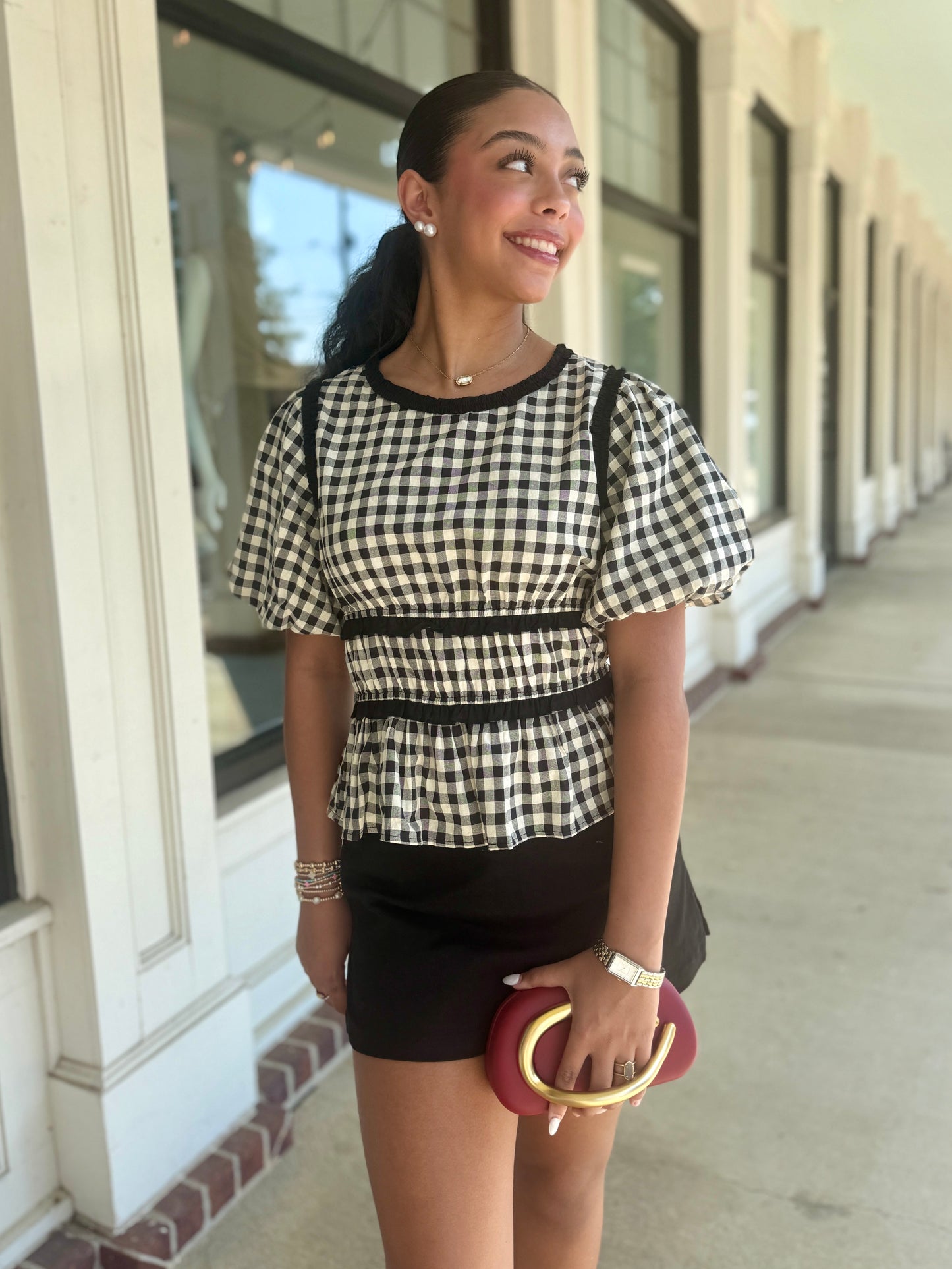 Black/Ivory Shirred Trim Top