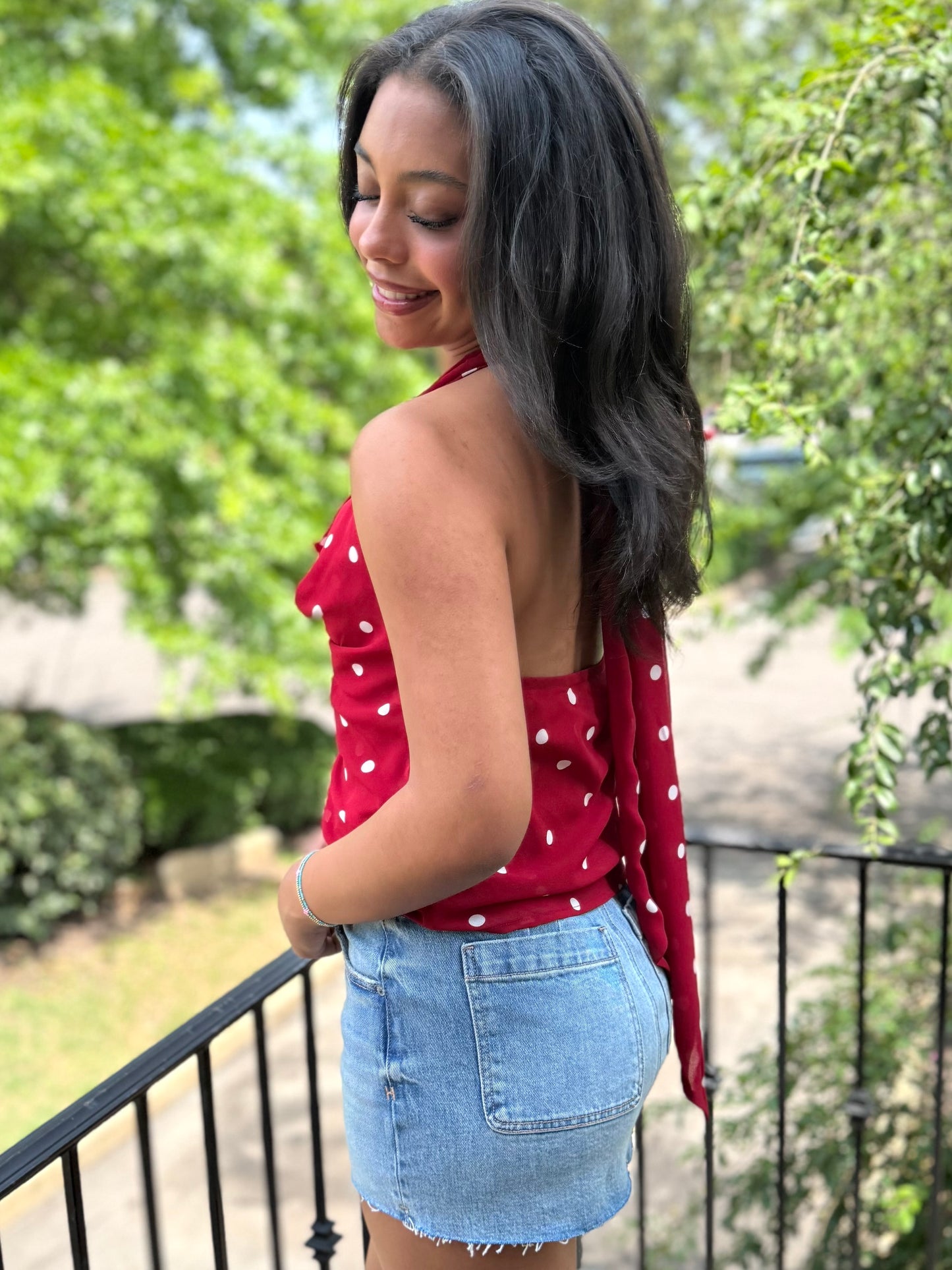 Dark Red Polka Dot Scarf Top