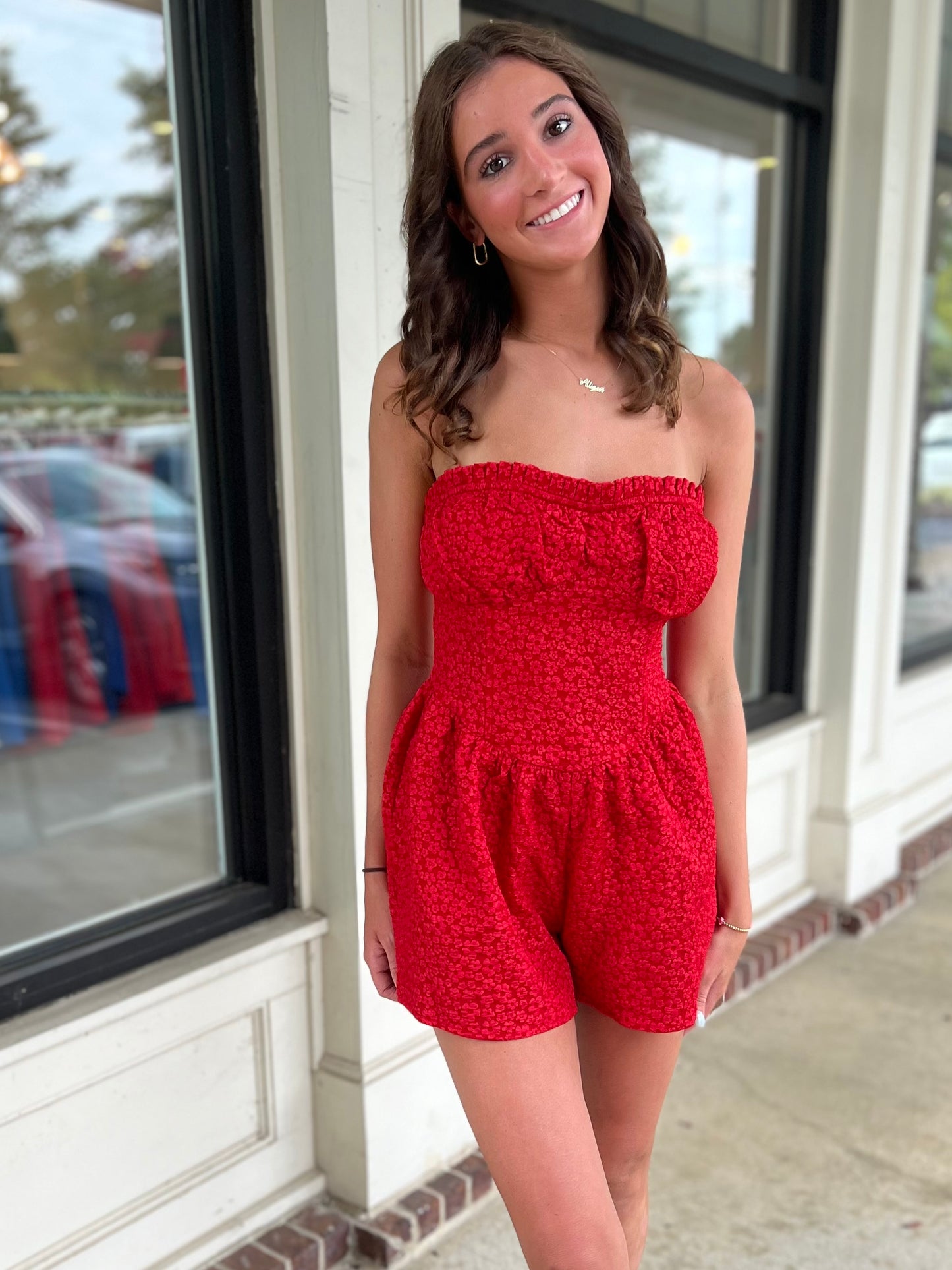 Red Floral Lace Sleeveless Romper