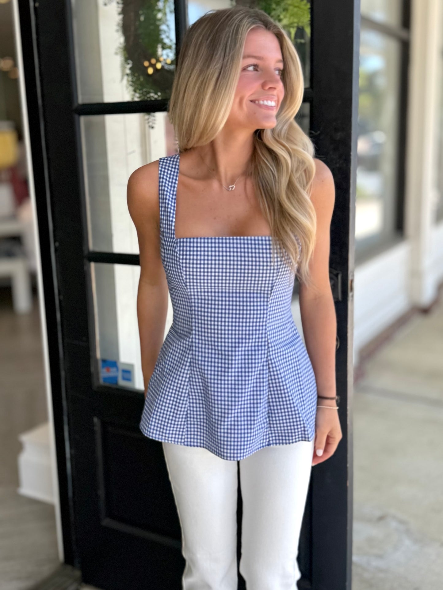 Blue/White Square Neck Top
