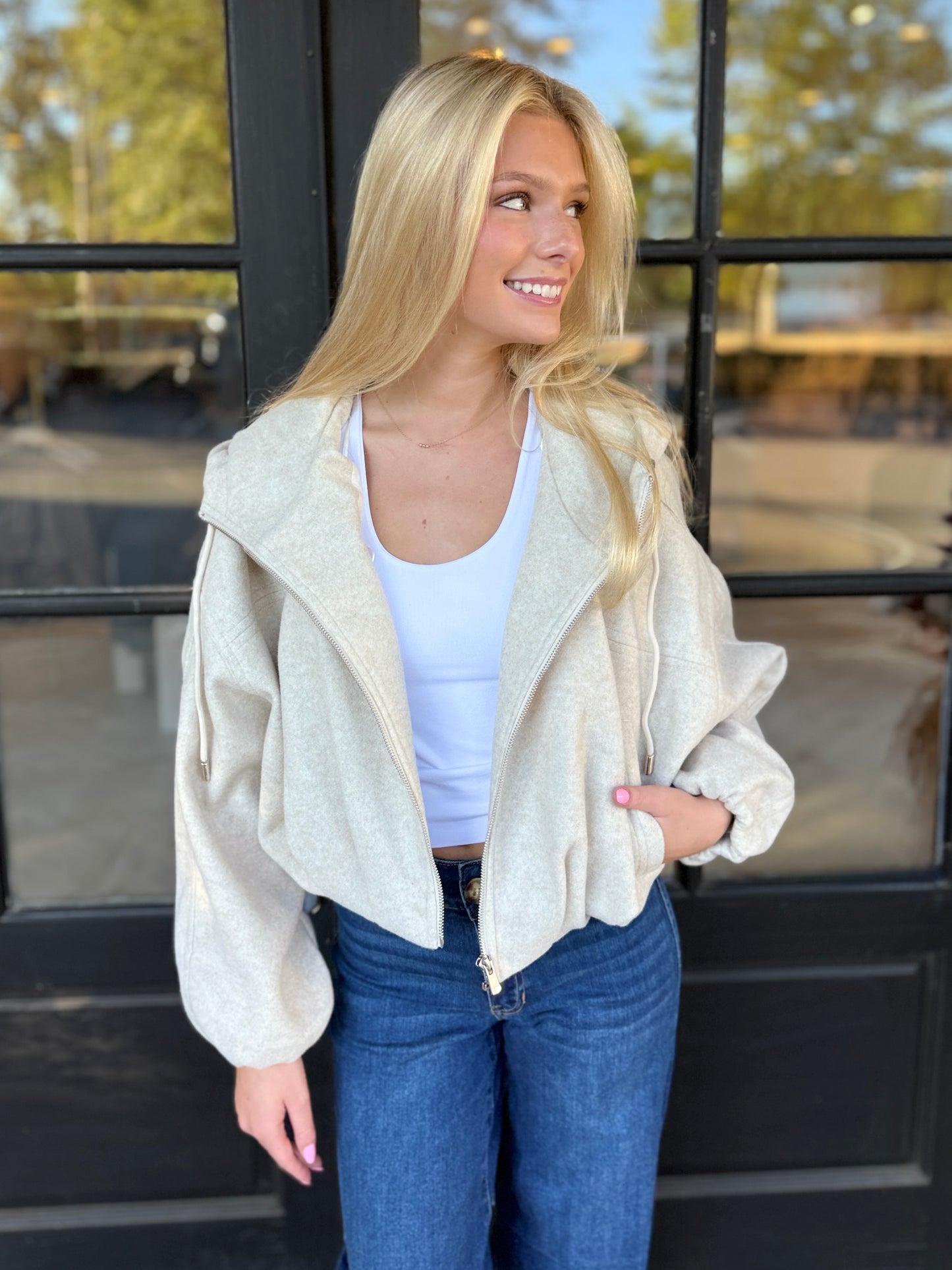 Taupe Bubble Hem Zip Hoodie Jacket