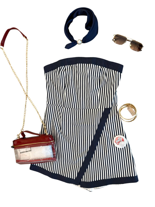 White/Navy Denim Stripe Romper