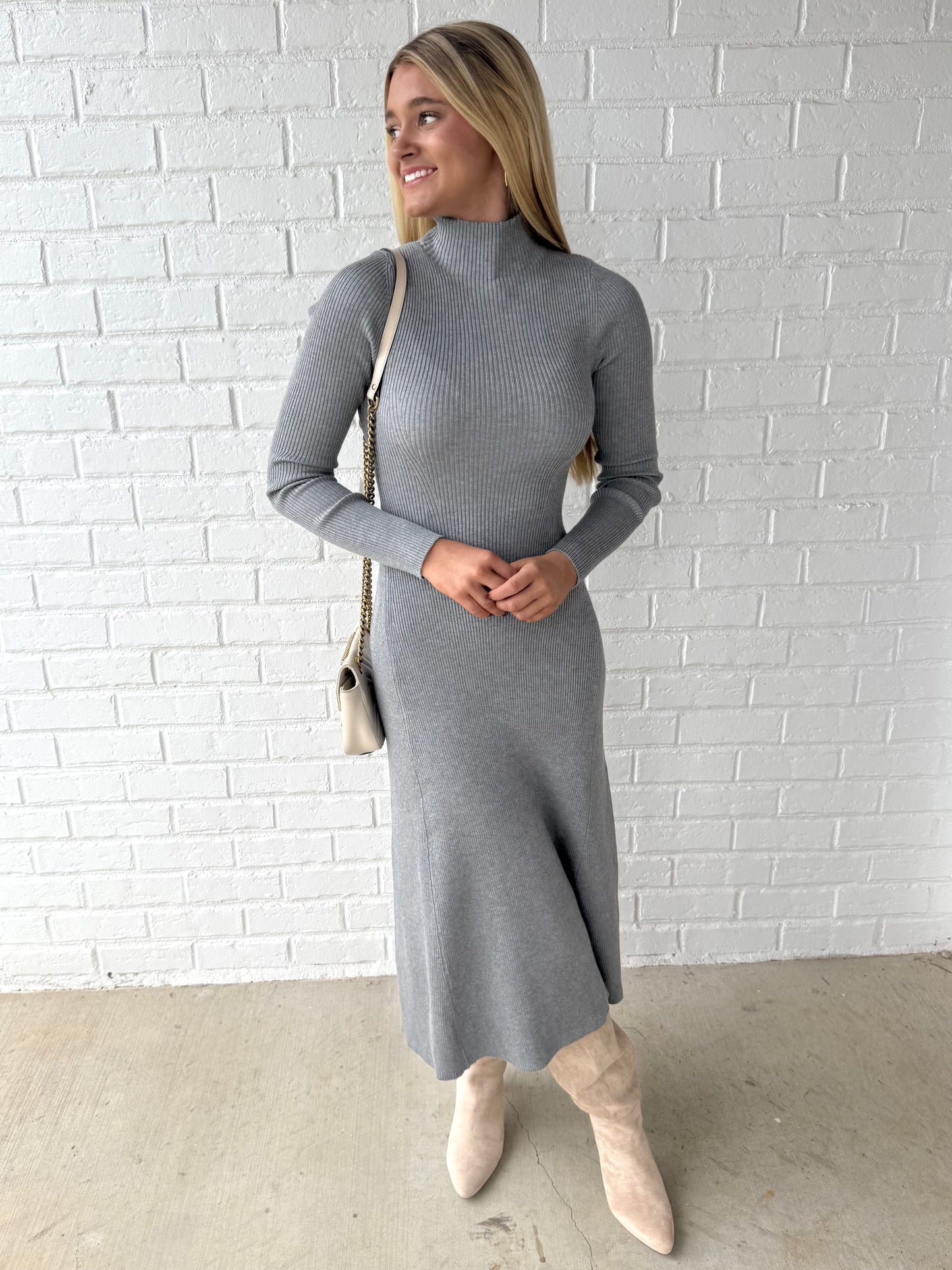 Grey Mock Neck Flare Dress