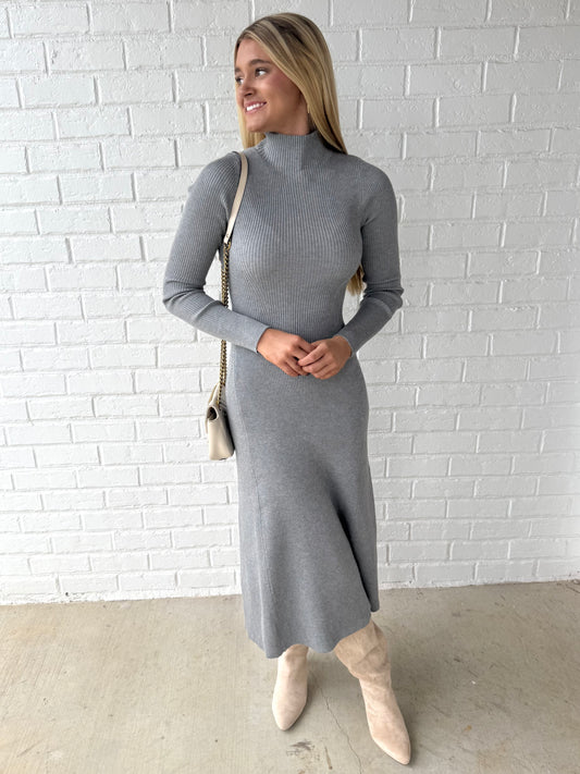 Grey Mock Neck Flare Dress