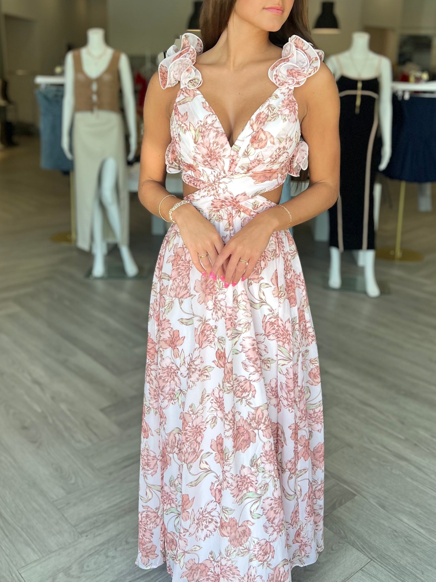 Peach Floral Strapy Back Maxi