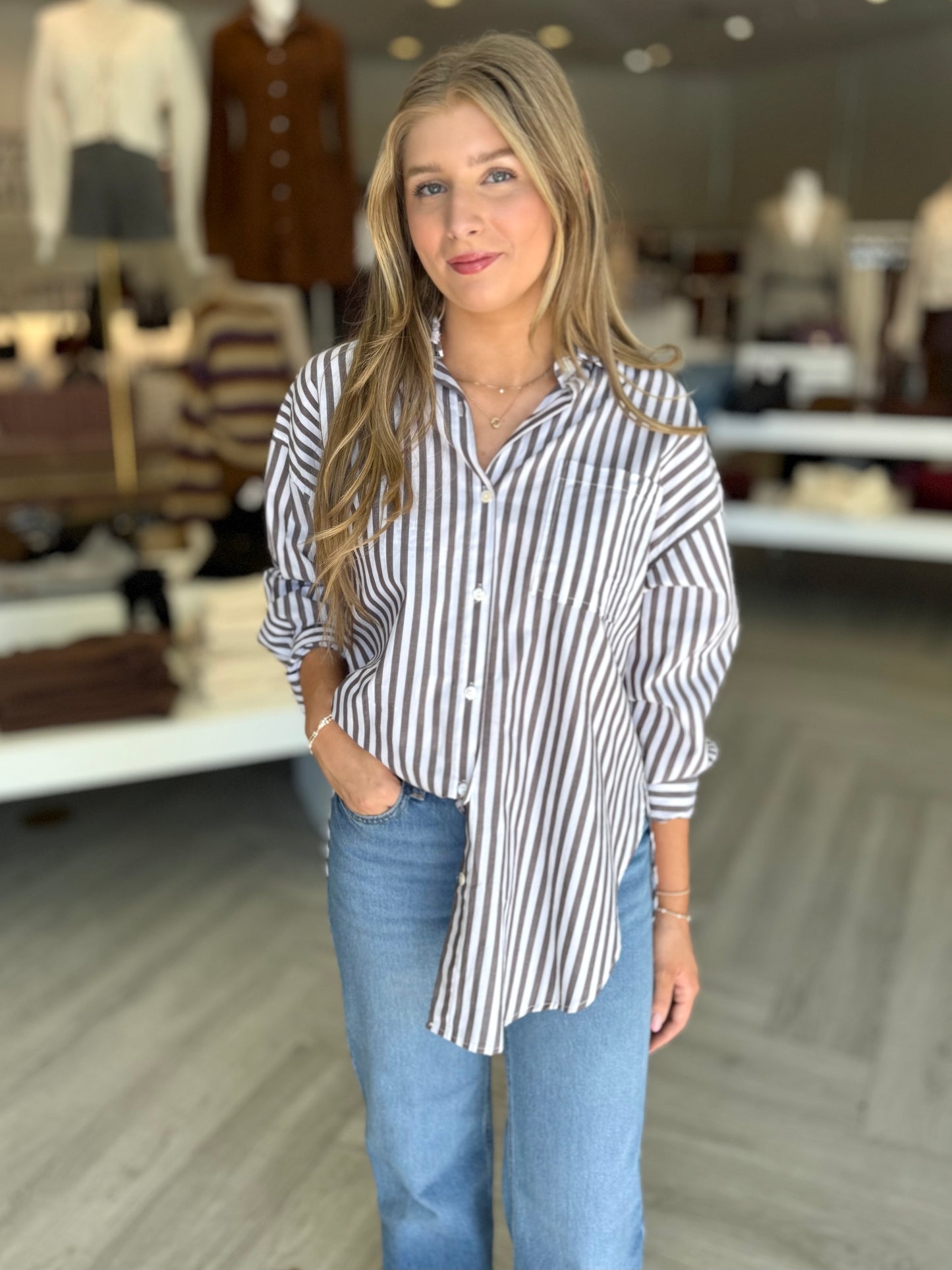 Brown Stripe Button Down Top