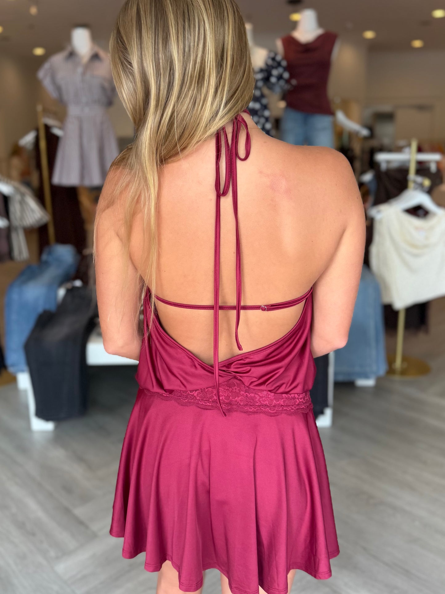 Wine Lace Halter Mini