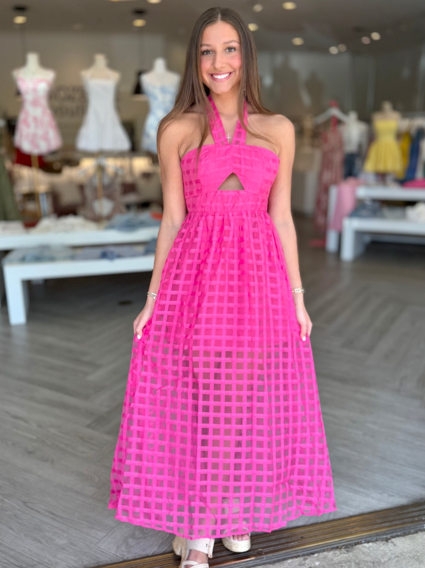 Hot Pink Cut Out Halter Dress