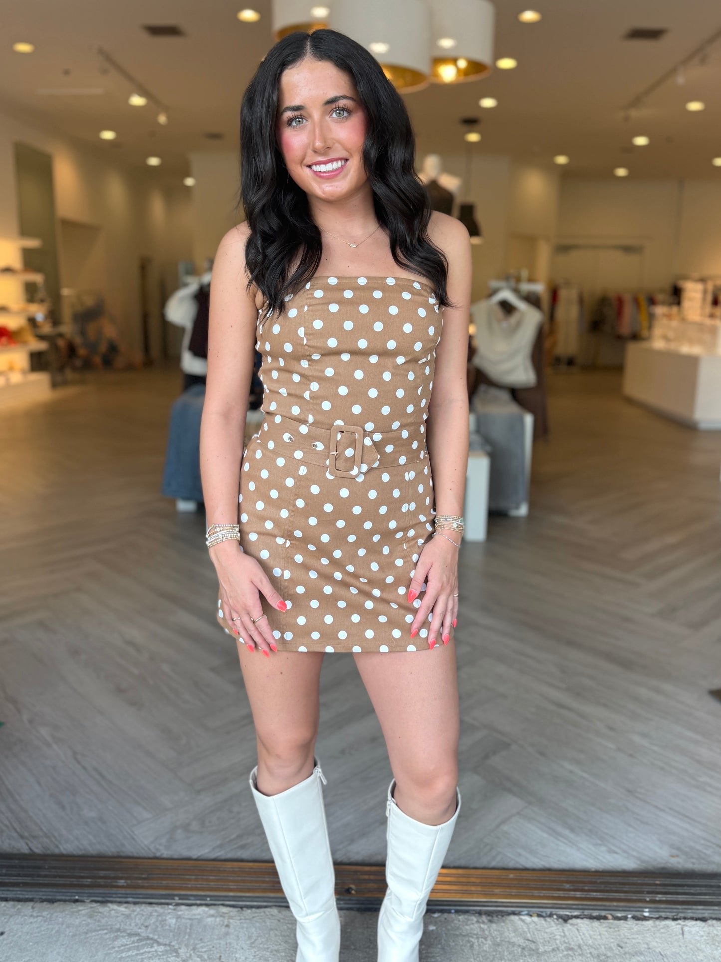 Brown Strapless Belted Mini
