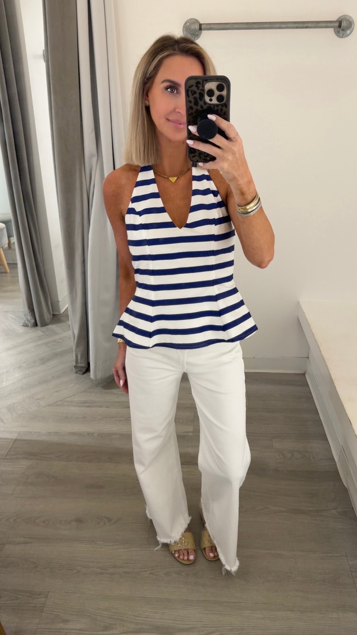 White/Navy Stripe Peplum Top