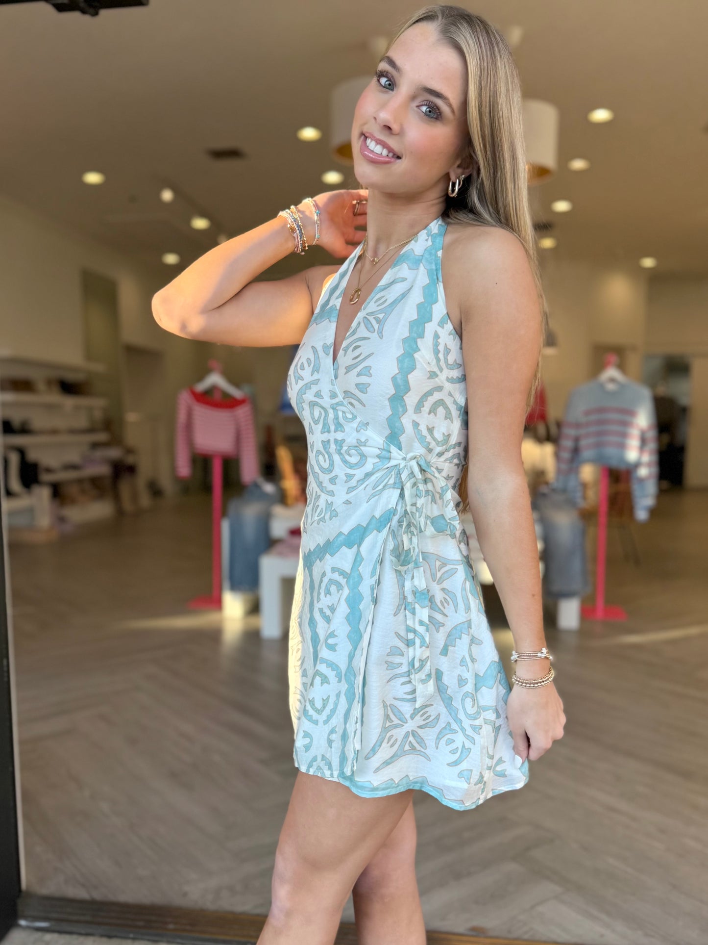 Blue Print Halter Wrap Dress