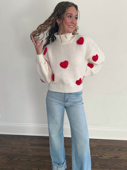 White/Red 3D Heart Sweater