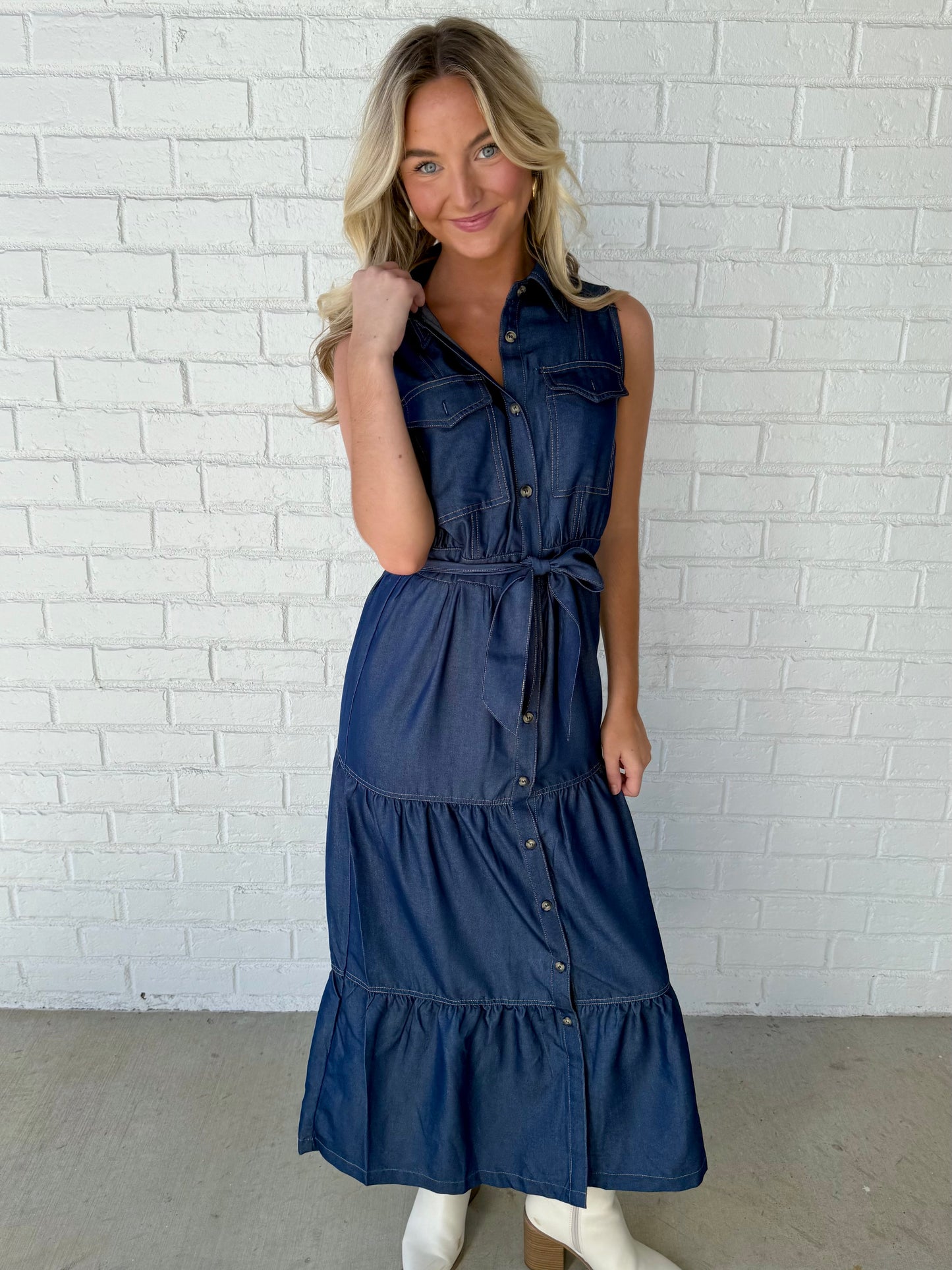 Denim Belted Ruffle Maxi