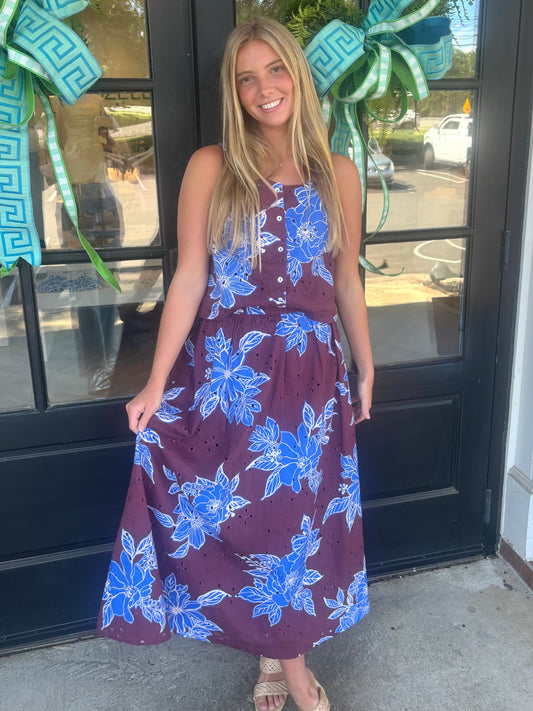 Blue Bloom Button Top