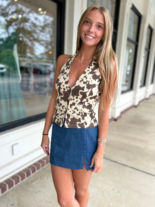Cow Print Button Down Halter Vest