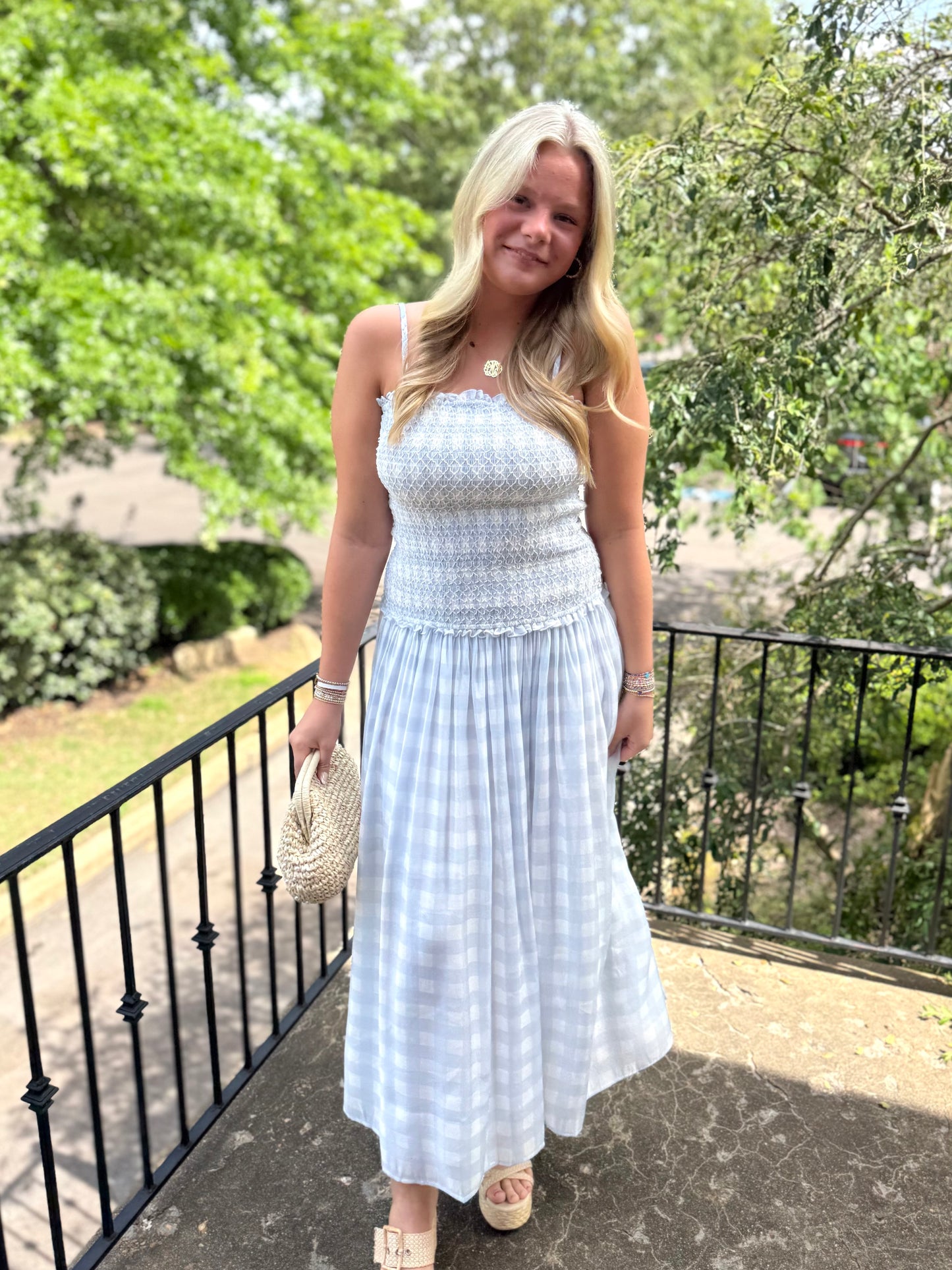 Blue Smocked Gingham Maxi