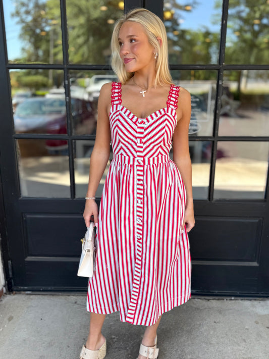 Red Scallop Striped Dress