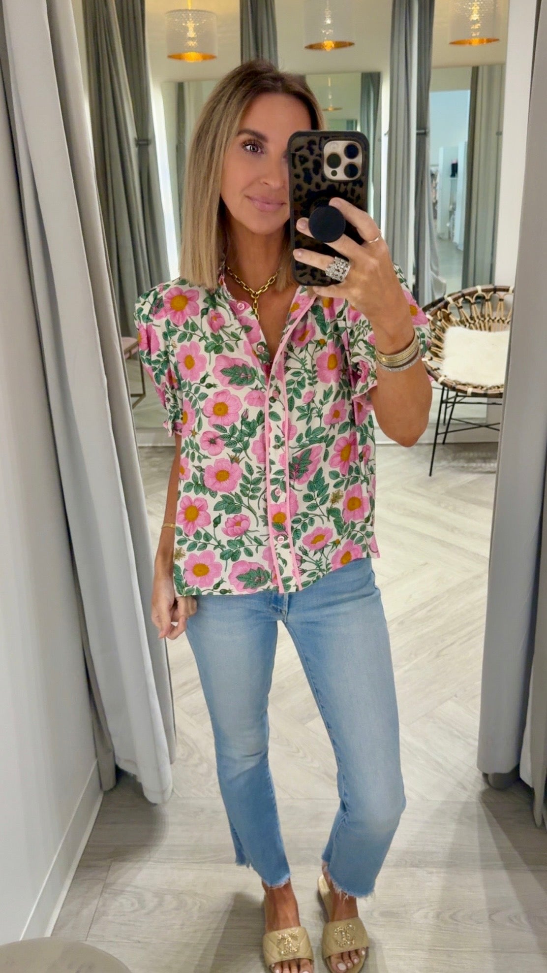 Pink Floral Cuffed Sleeve Top