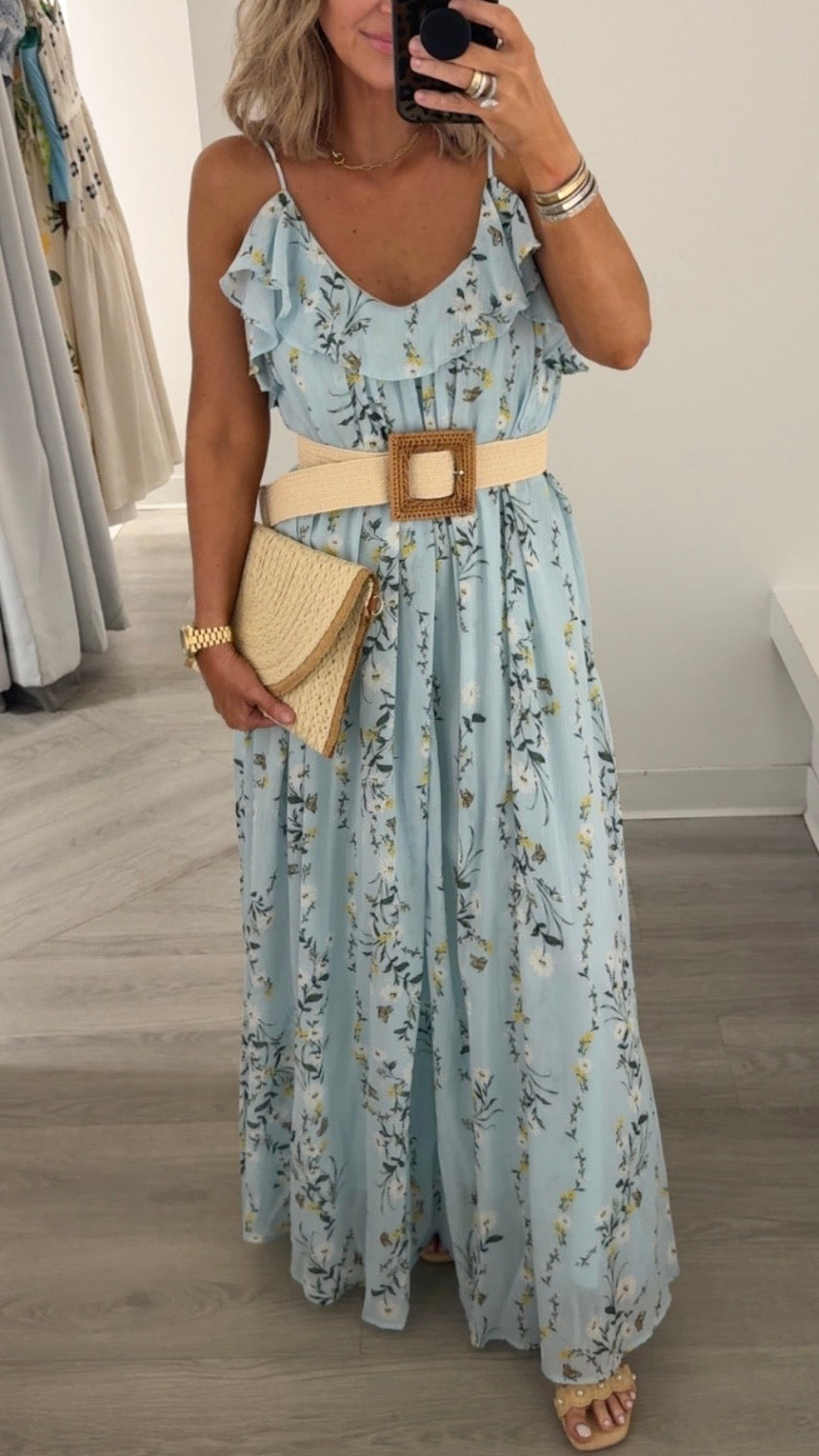 Blue/Yellow Ruffle Yoke Maxi