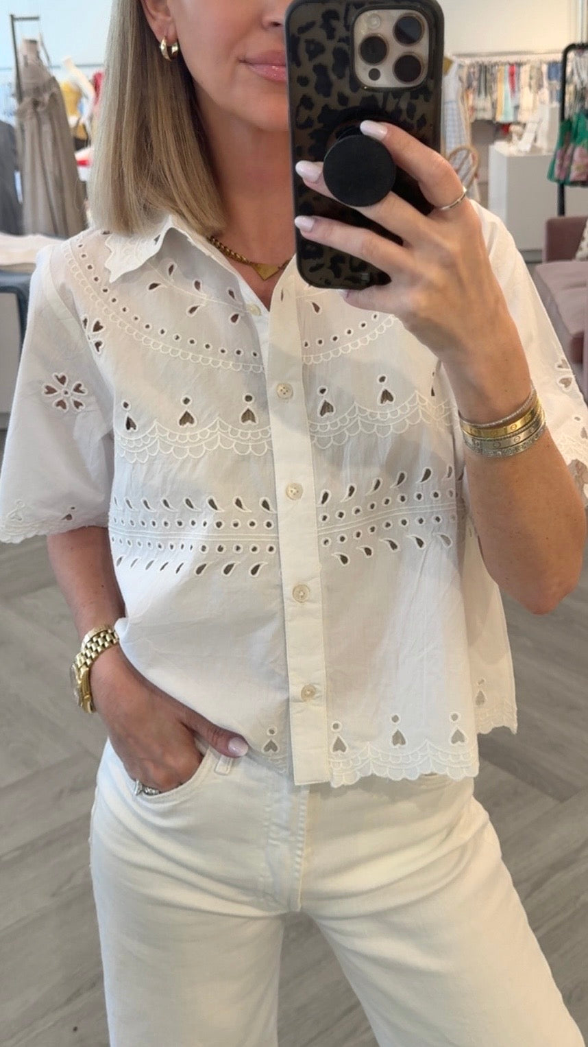 White Button Front Scallop Top