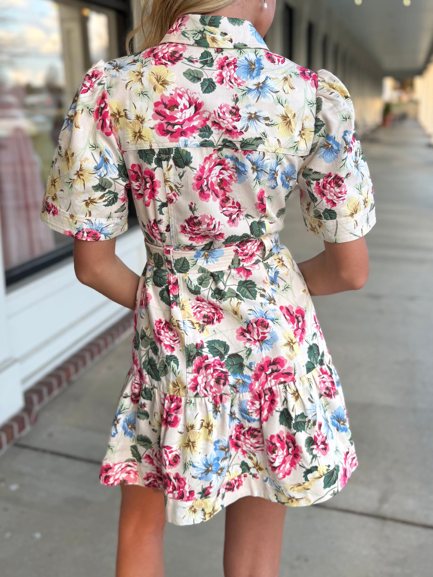 Cream Red Green Belted Bouquet Dress