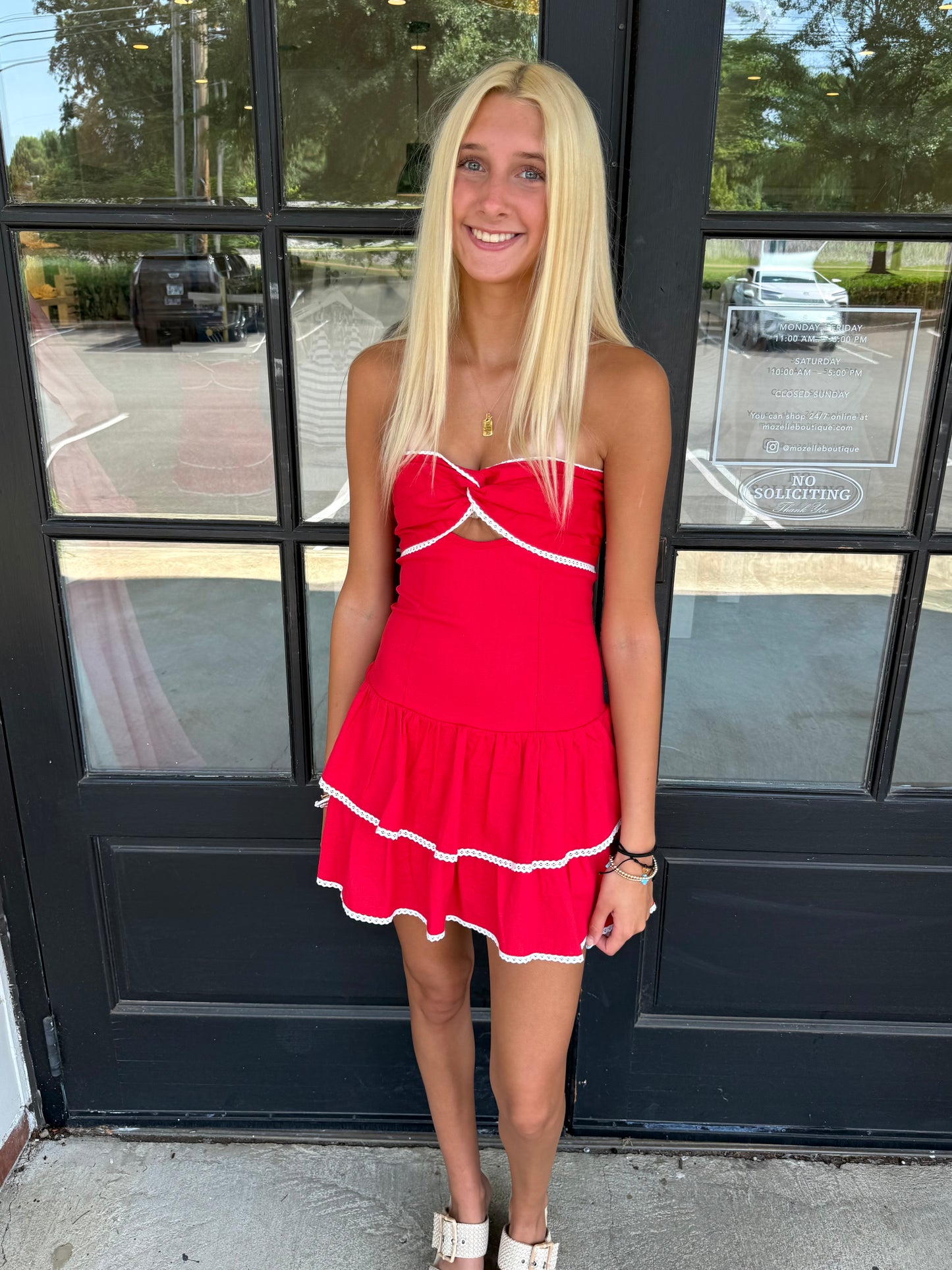 Red Twist Lace Trim Romper