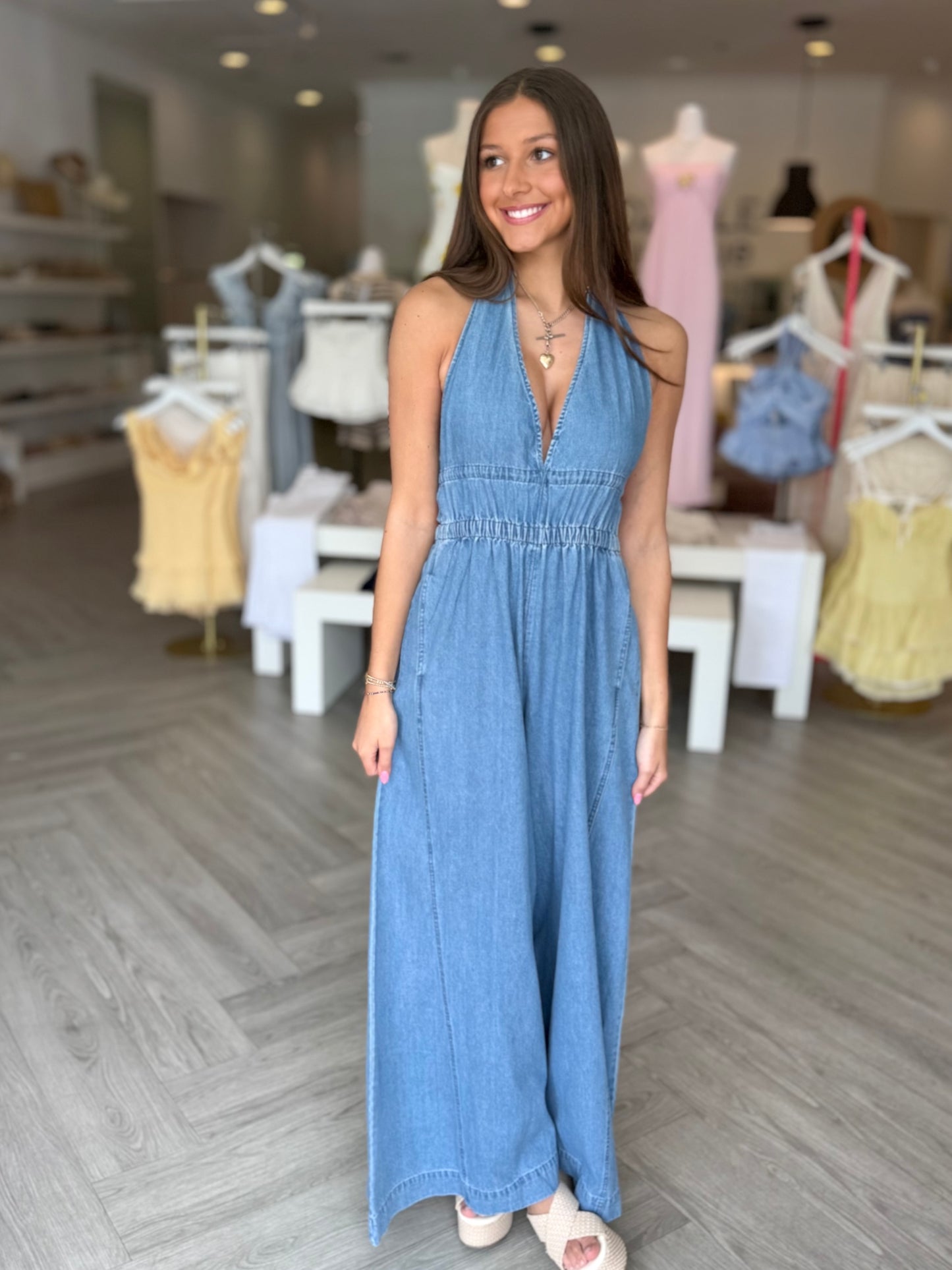 Denim Halter Neck Jumpsuit