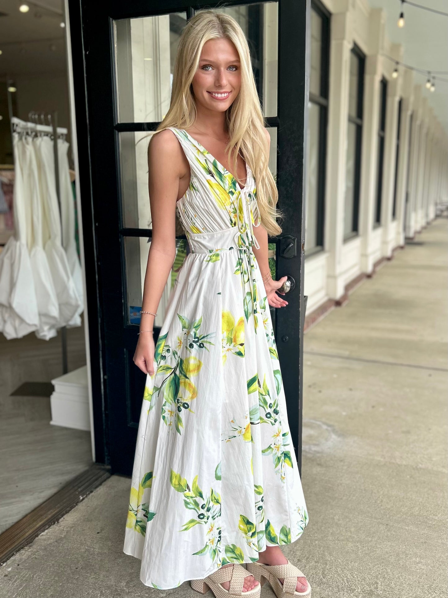 White Floral V Neck Midi