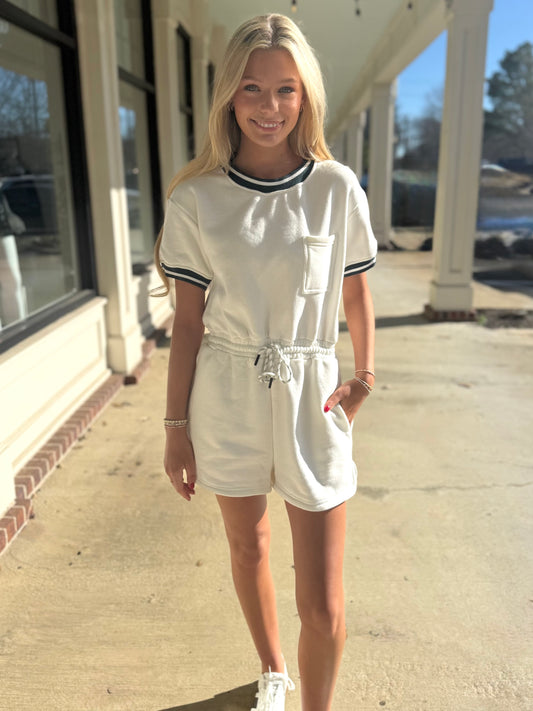 White Varsity Drawstring Romper