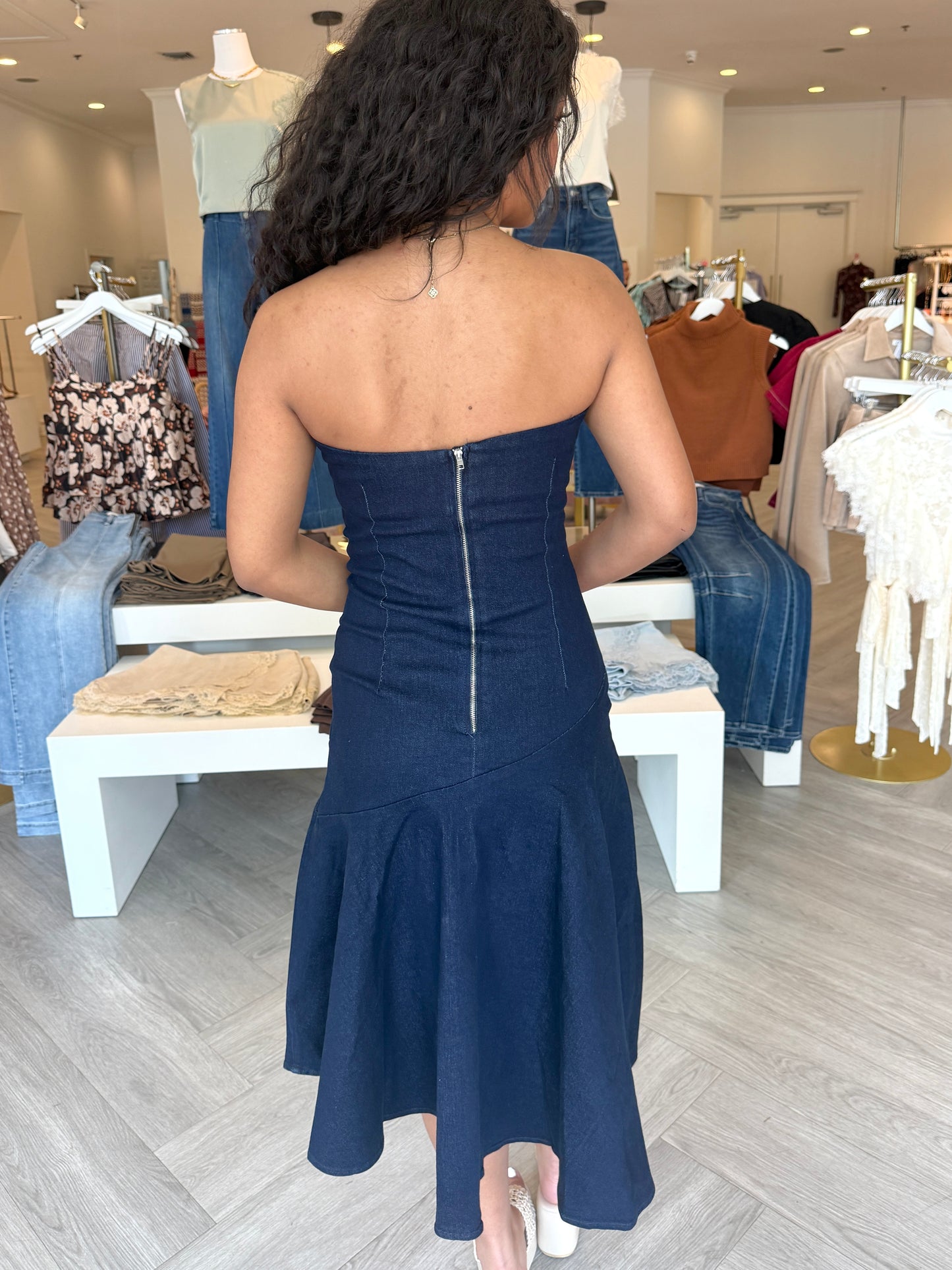 Denim Asym. Strapless Midi