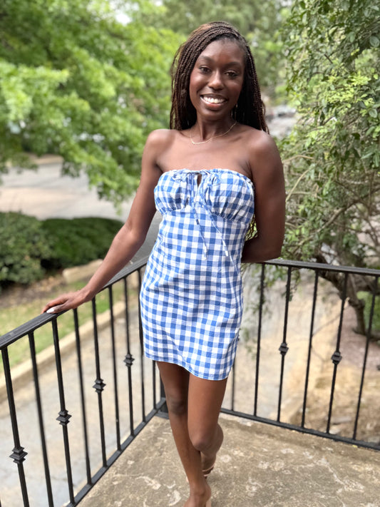 White/Blue Check Mini Dress