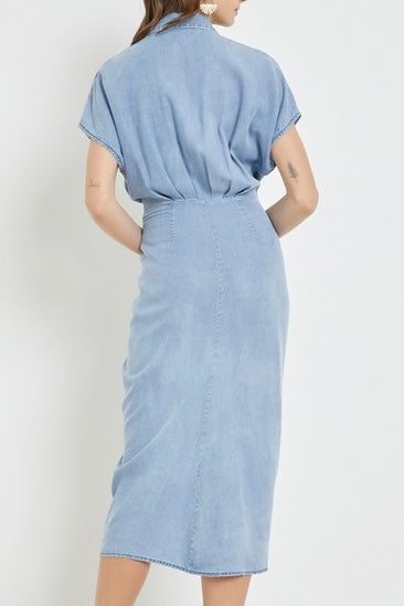 Denim Ruched Waist Tied Dress