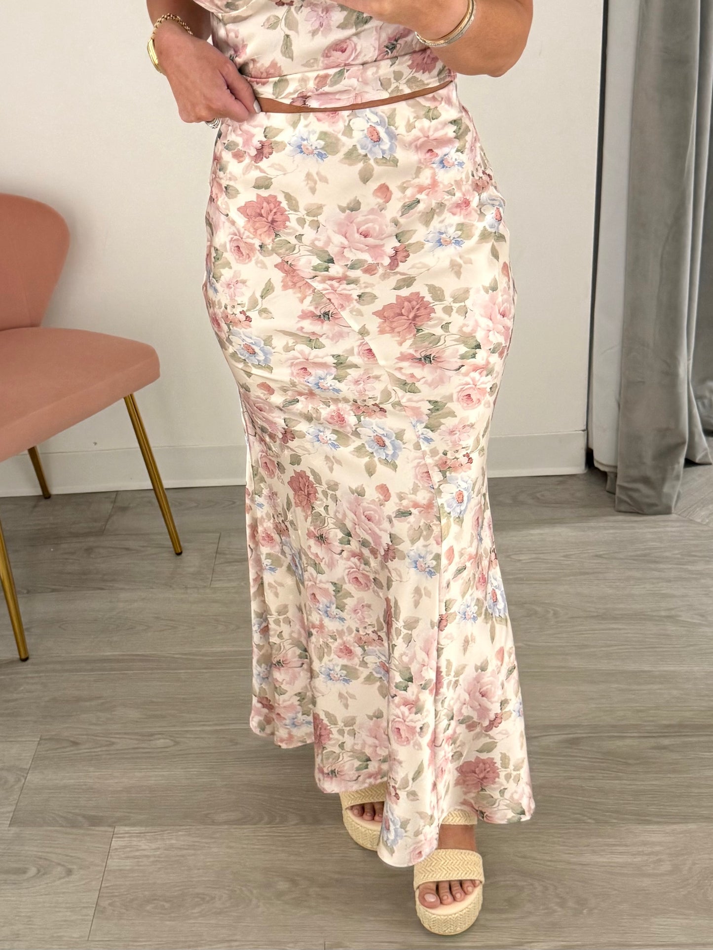 Ivory Floral Bias Midi Skirt
