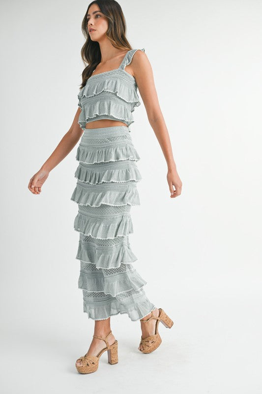 Dusty Mint Ruffle Midi Skirt