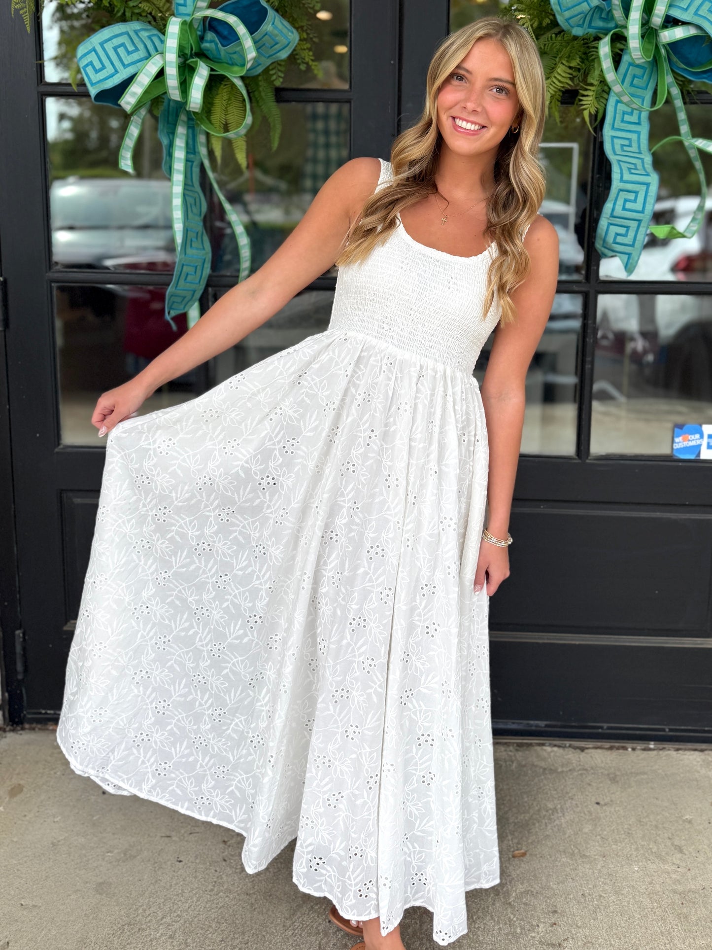 White Smocked Eyelet Maxi
