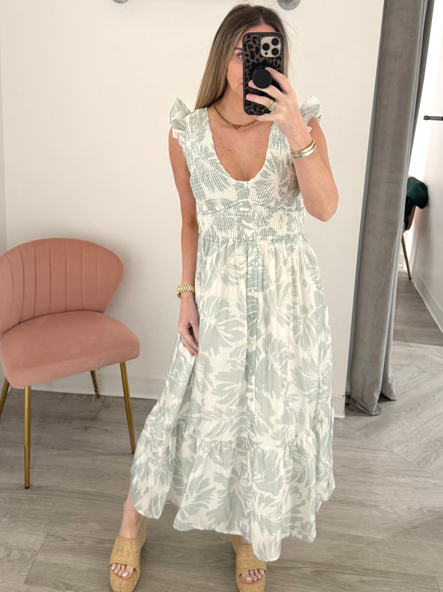 Mint Smocked Button Down Maxi