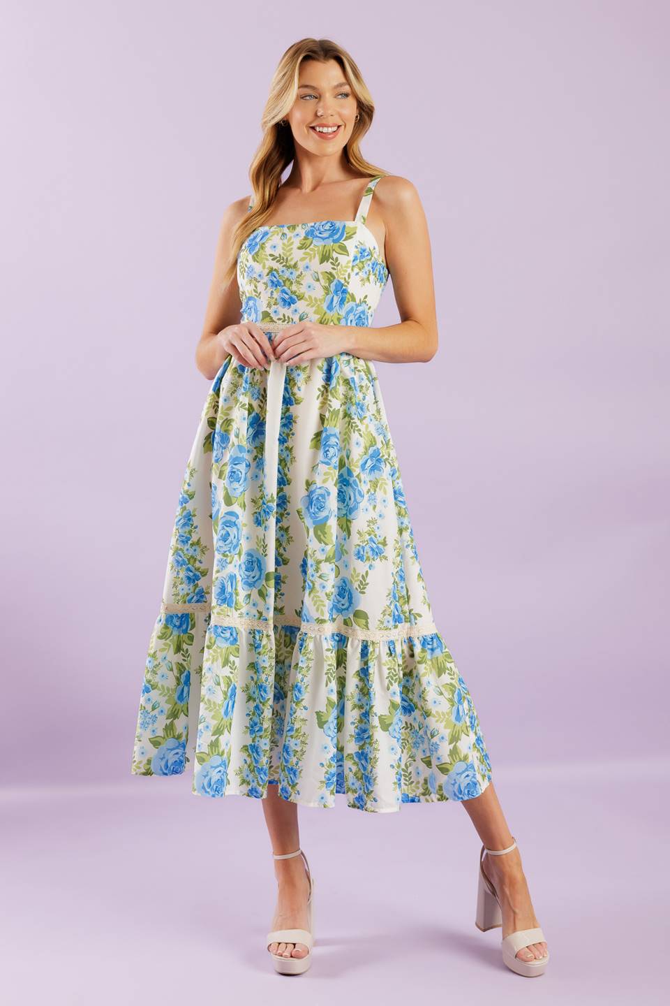 Blue Rose Lace Trim Midi