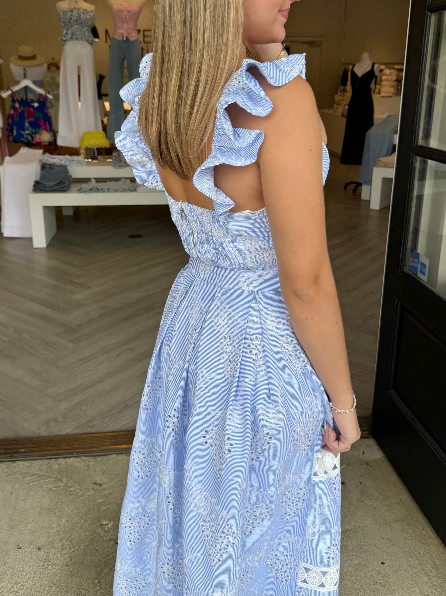 Blue Eyelet Ruffle Crop Top