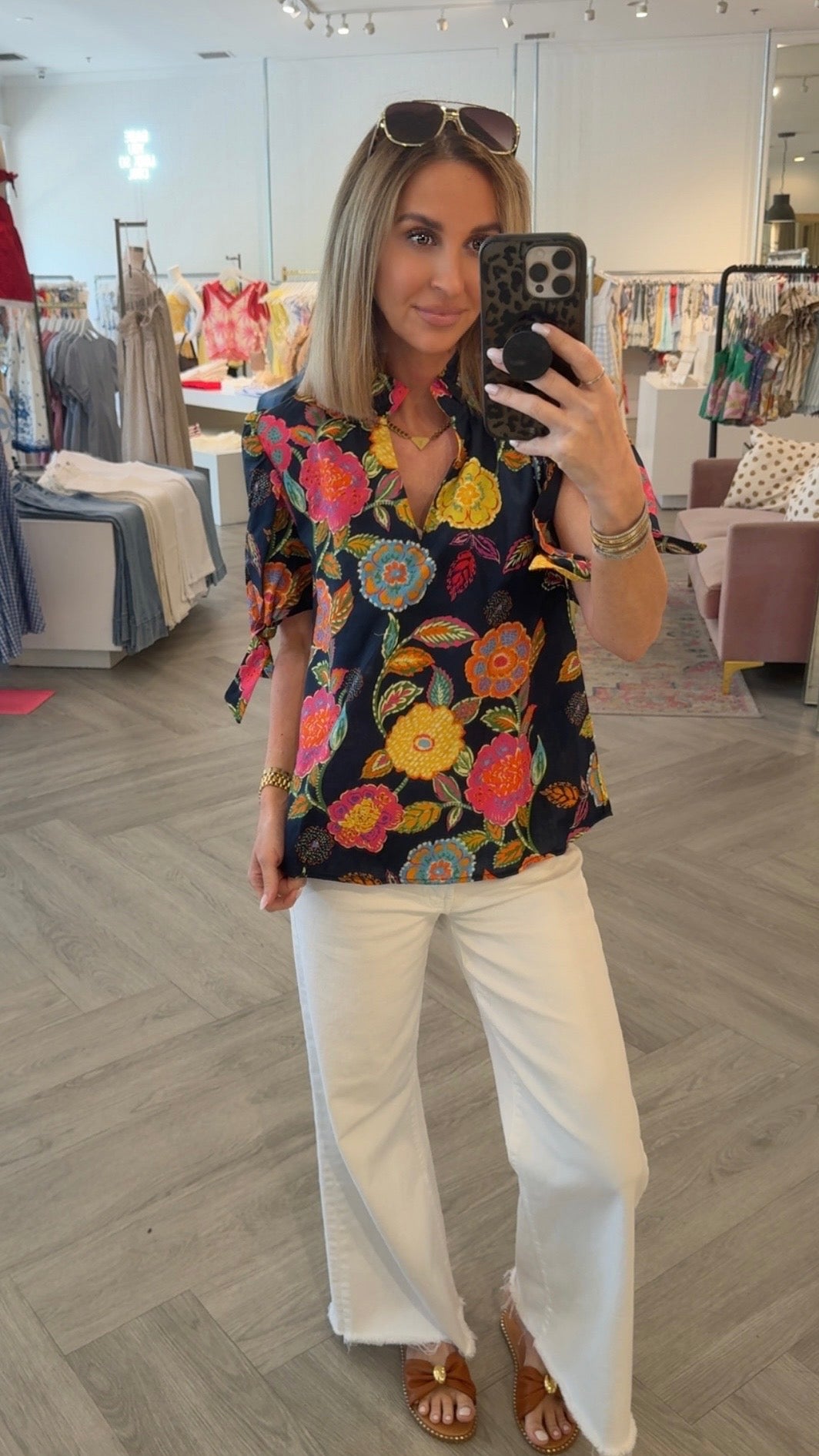 Navy Floral V Neck Top