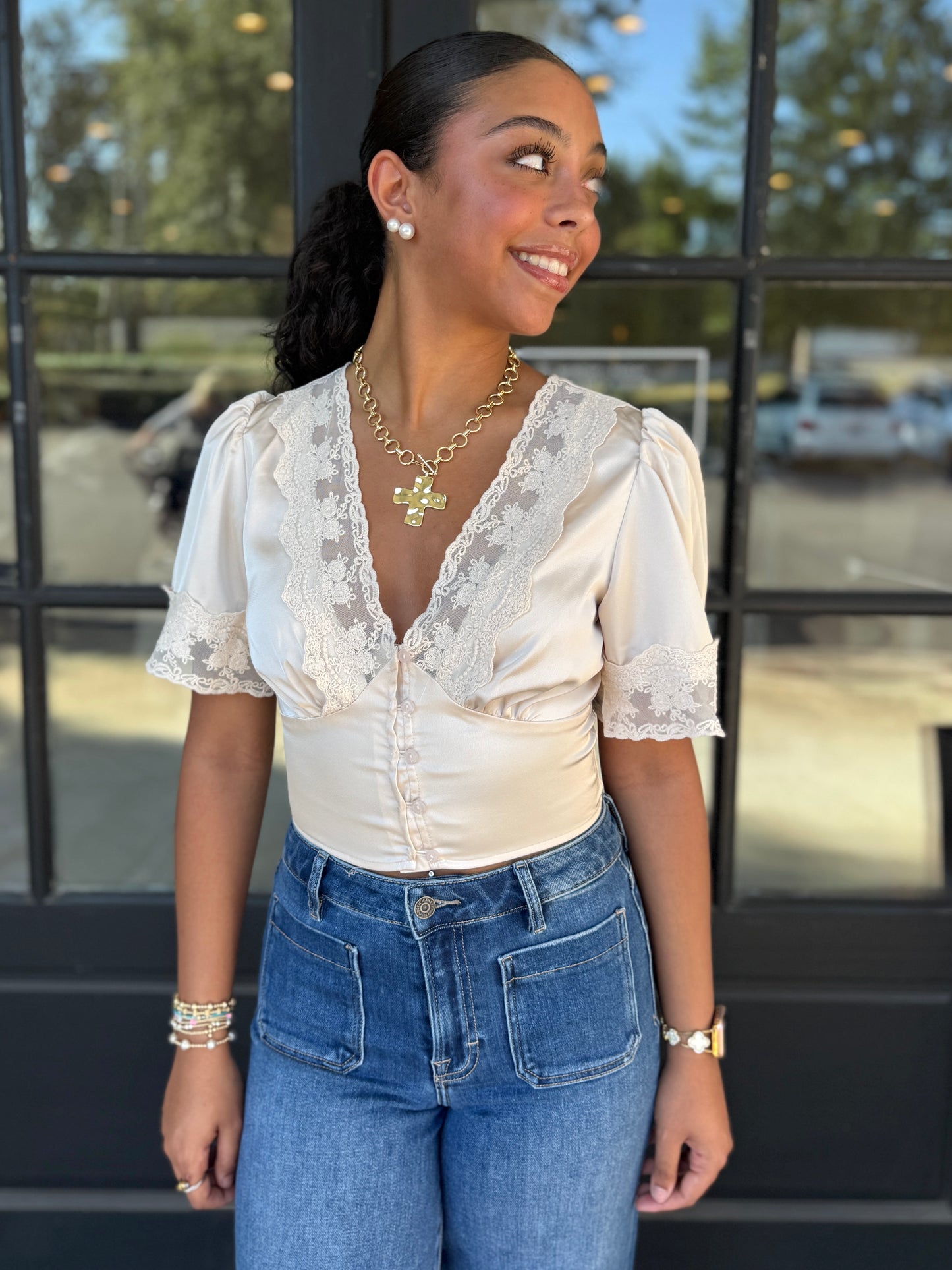 Champagne Lace Satin Top