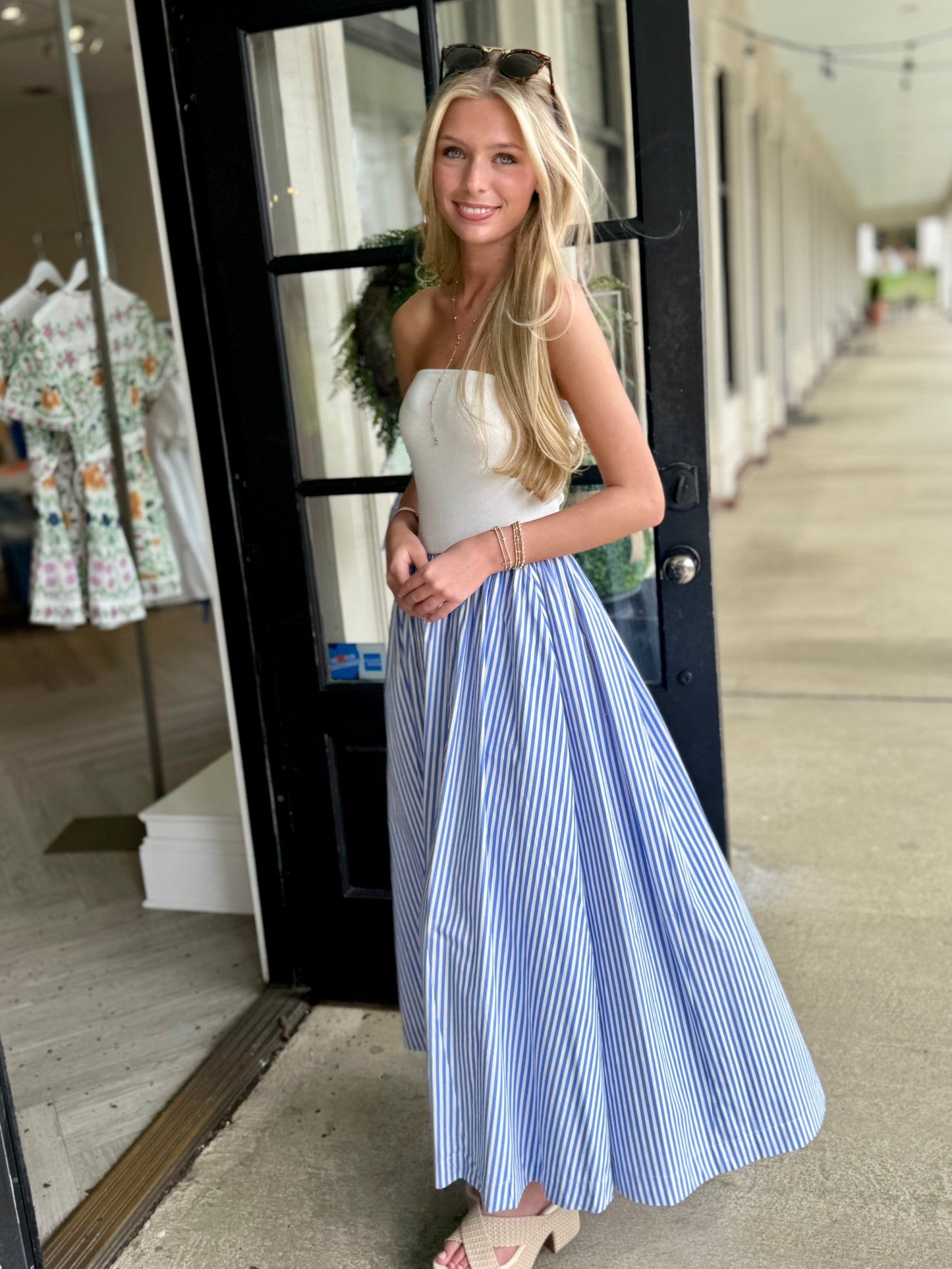 Blue Mixed Media Strapless Maxi