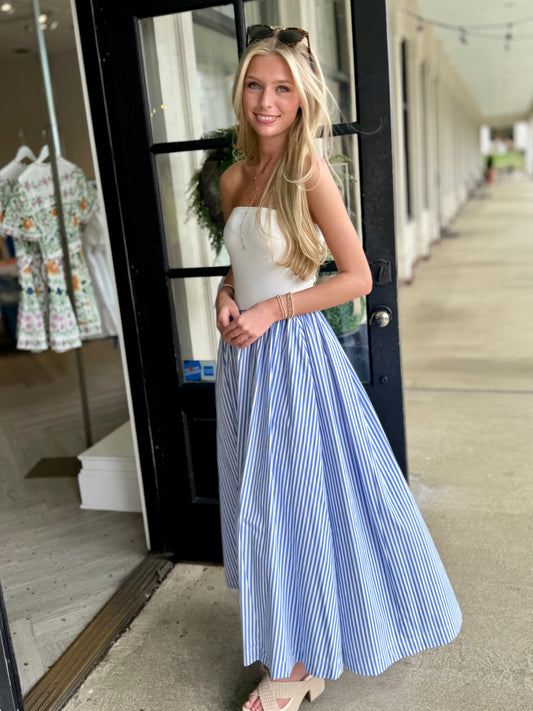 Blue Mixed Media Strapless Maxi