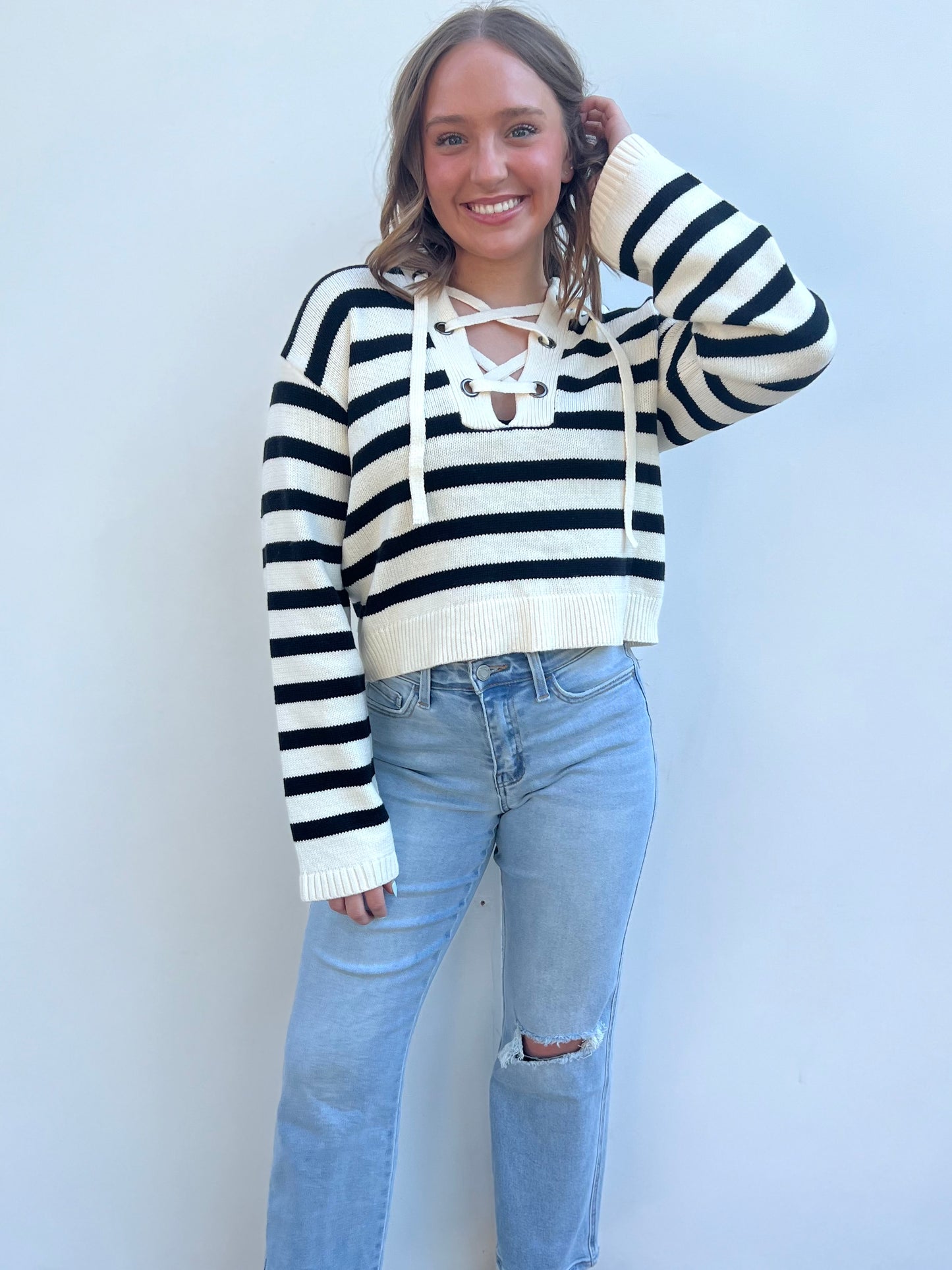 Black Stripe Lace Up Top